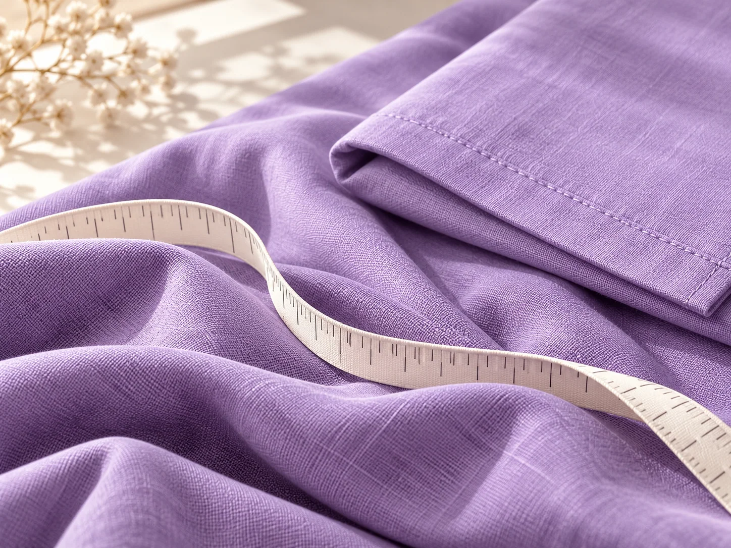 An unnumbered measuring tape resting across lavender fabric.