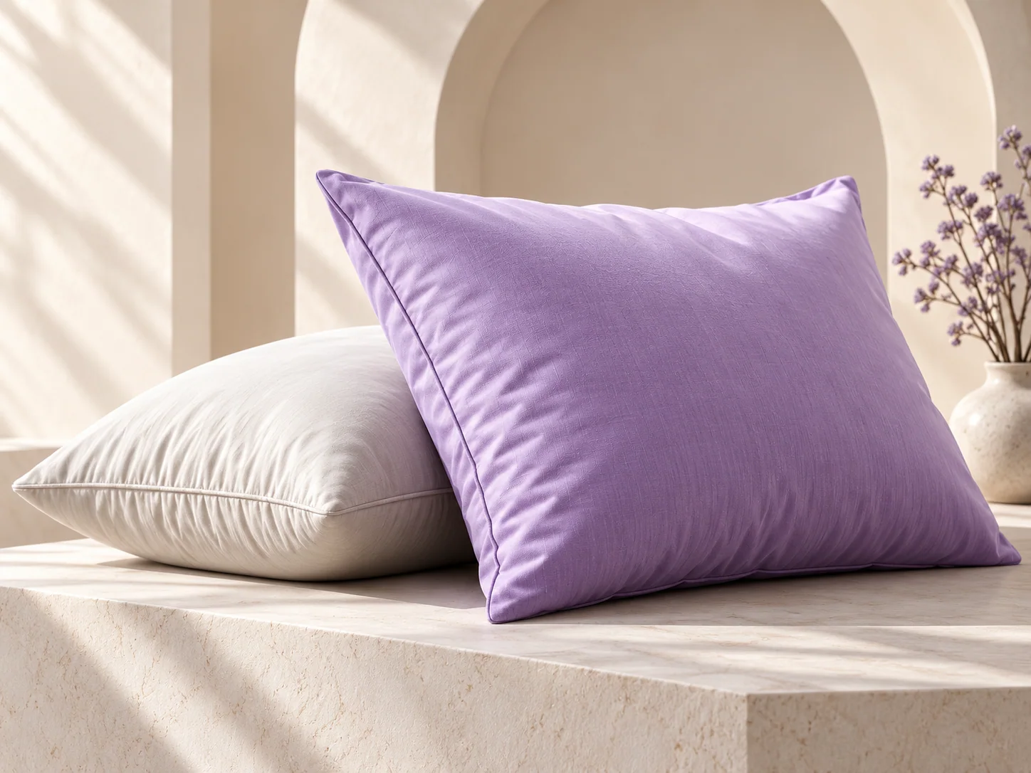 Lavender and ivory pillows on a warm stone ledge.